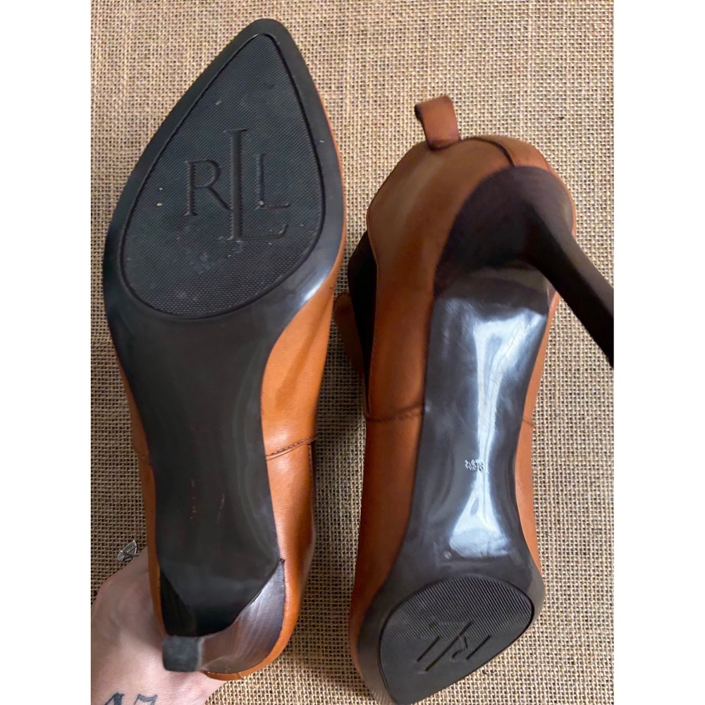 Lauren Ralph Lauren Verla Cognac Leather Pointed Toe Stiletto Ankle Boots 9.5B - Picture 8 of 10